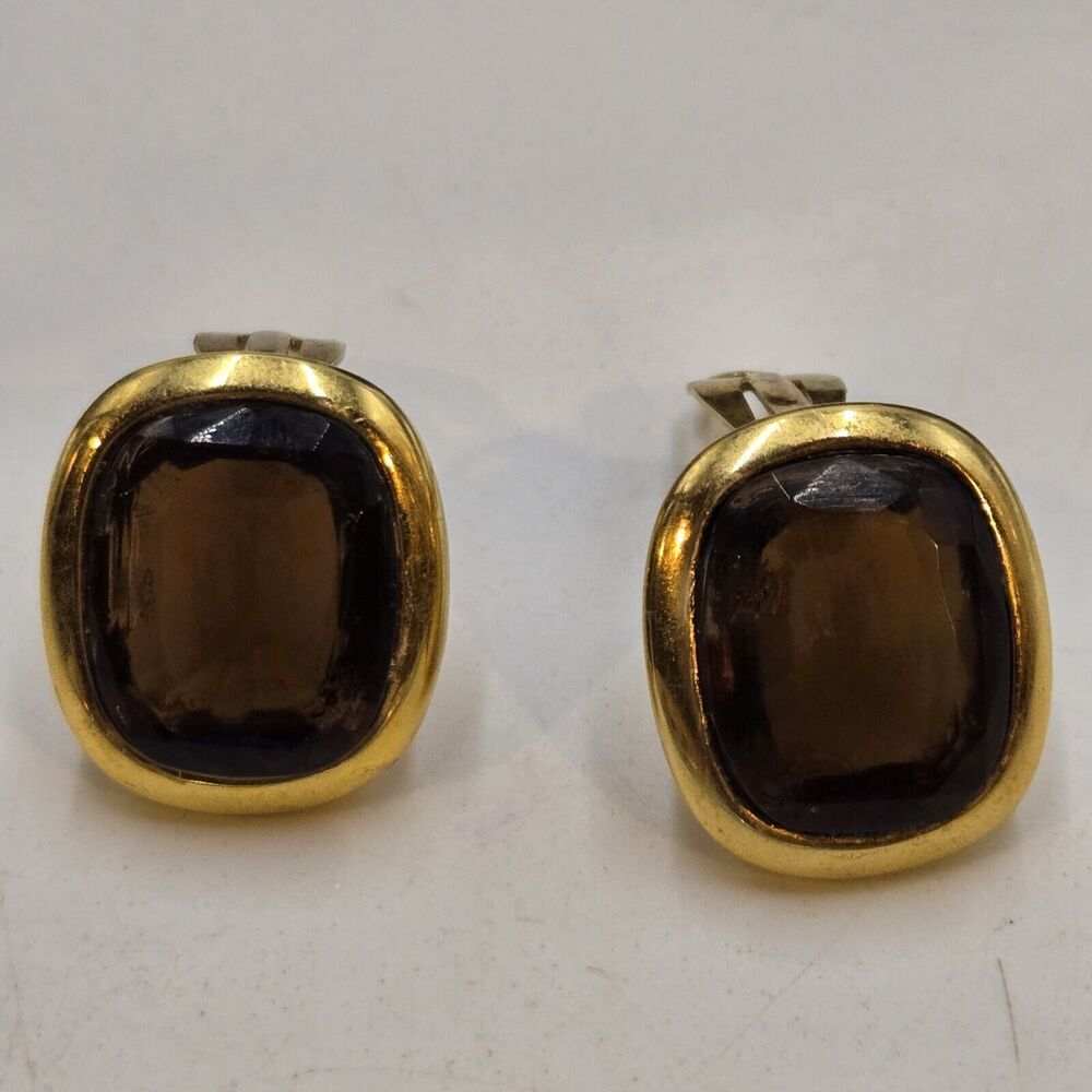 Vintage Signed Joan Rivers Square Bezel Set Amber Tone Glass Clip On Earrings